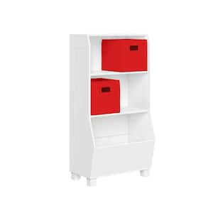 23-in. Wide White Playroom Bookshelf with Veggie Bin Organizer, 2-Open Toy Storage Shelves, and 2-Red Fabric Bins