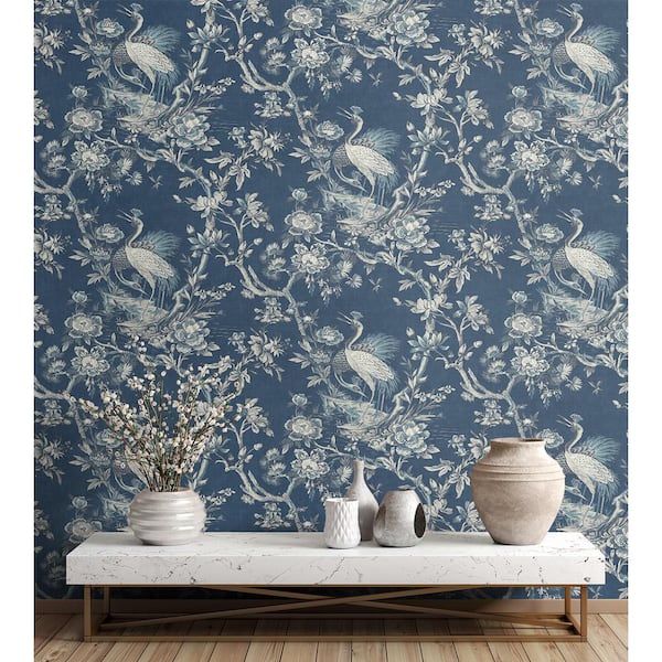 60.75 sq. ft. Twilight Alice Crane Toile Paper Unpasted Wallpaper Roll