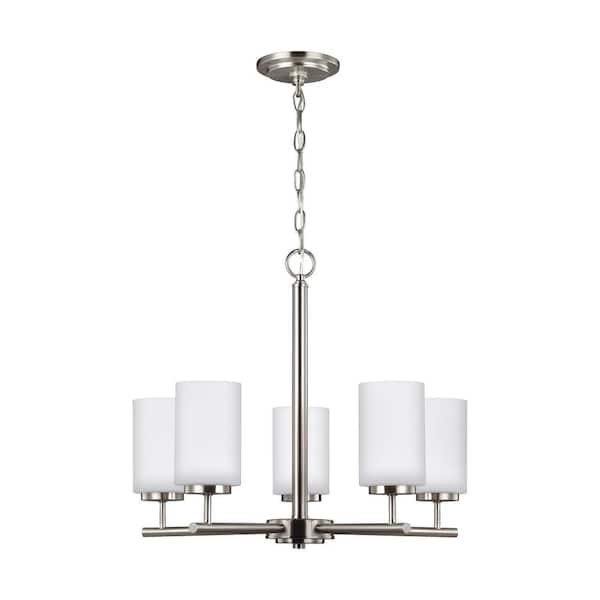 Generation Lighting Oslo 5-Light Brushed Nickel Transitional Contemporary Hanging Chandelier with Opal Etched Glass Shades