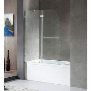 HERALD Series 48 in. x 58 in. Frameless Hinged Tub Door in Brushed Nickel with Towel Bar with Handle
