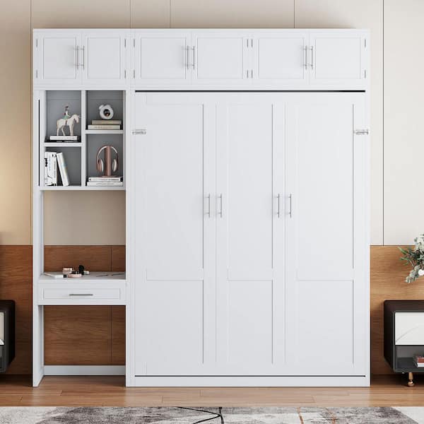White Wood Frame Queen Size Murphy Bed with Desk, Top Cabinet and Storage Shelves