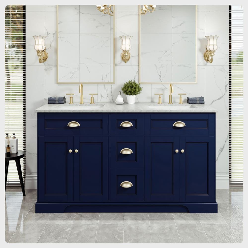 Epic Blue Solid Wood Double Sink Bathroom Vanity with Quartz Top