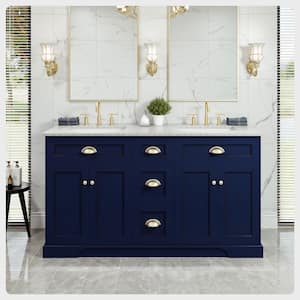 Epic 60 in. W x 22 in. D x 34 in. H Double Bathroom Vanity in Blue with White Quartz Top with White Sinks