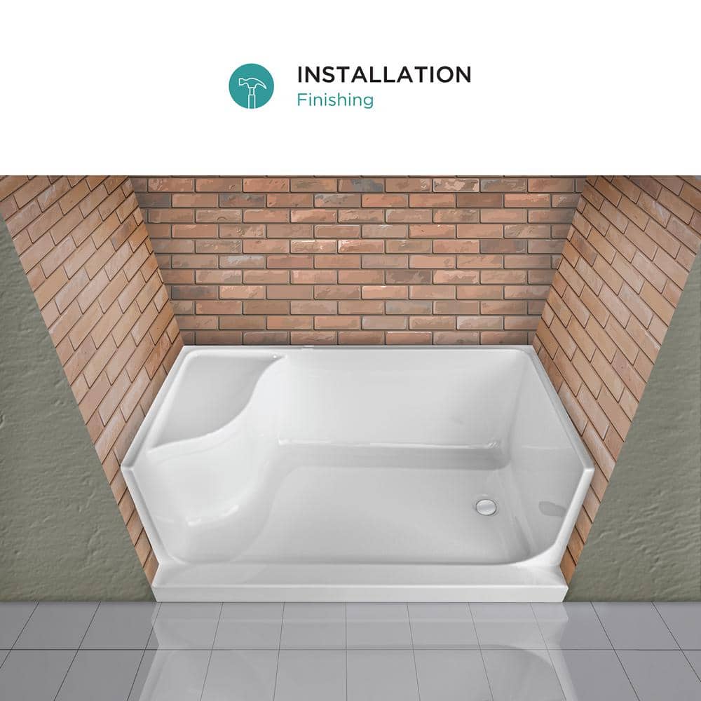 White Acrylic Single Threshold Shower Base with Seat and Right Drain
