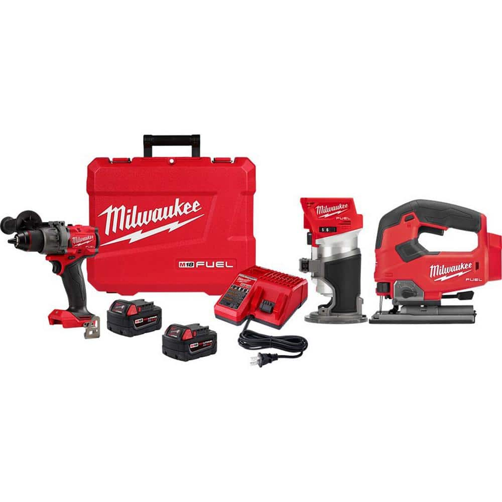 M18 Fuel 18-V Lithium-Ion Brushless Cordless 1/2 in. Hammer Drill Driver Kit with M18 FUEL Router and M18 FUEL Jig Saw -  Milwaukee, 2904-22-2737