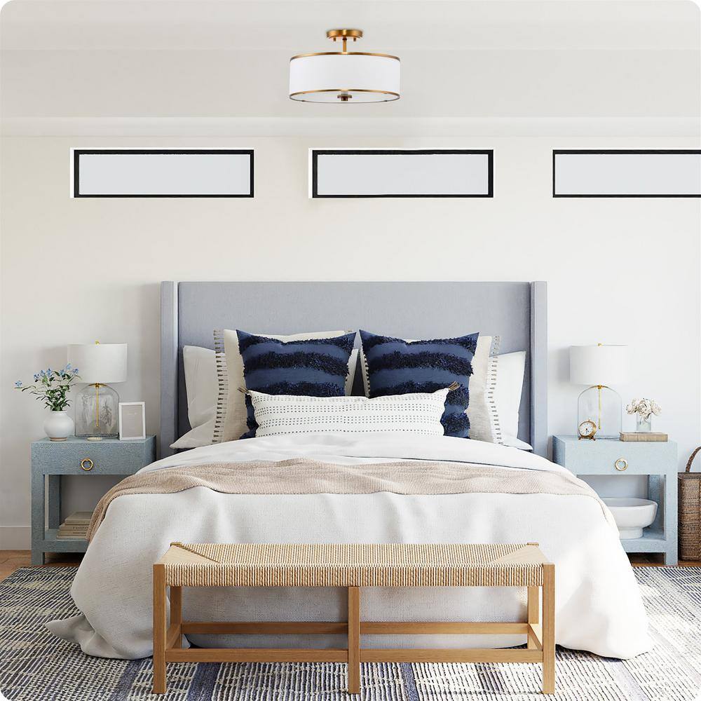 Chloe 15" Modern White Fabric Drum Ceiling Light with Warm Brass Trim
