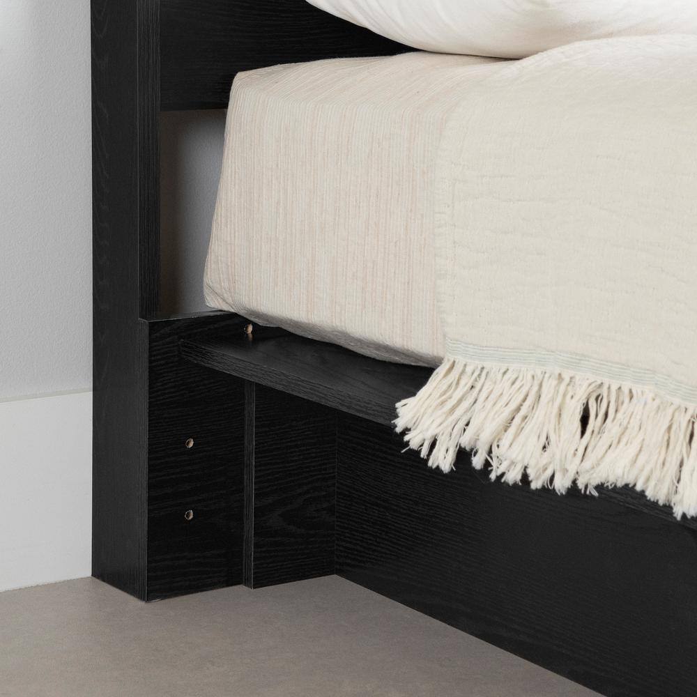 Black Oak Queen Platform Bed with Upholstered Headboard and Drawer