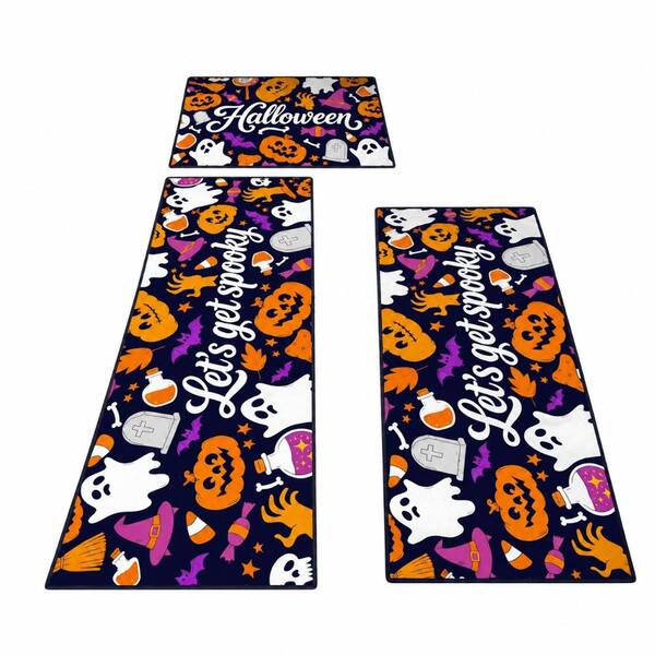 Black Pumpkin Halloween Polyester Tufted Kitchen Rug Set, 3 Pieces for Seasonal Decor