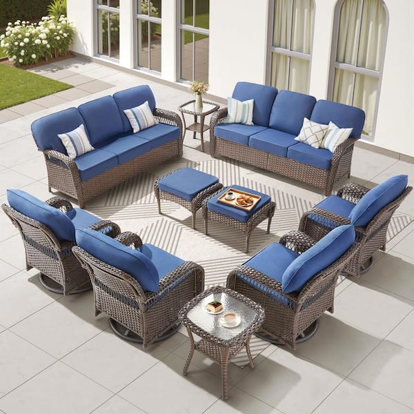 Tyber Brown Wicker 10-Piece Outdoor Conversation Set Patio Swivel Glider Furniture Sets with 5 in. Thick Blue Cushions