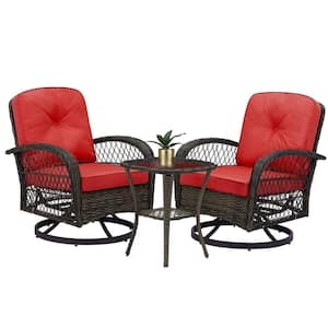 3-Piece Wicker Outdoor Bistro Set with Red Cushions, 360-Degree Swivel Patio Rocking Chairs