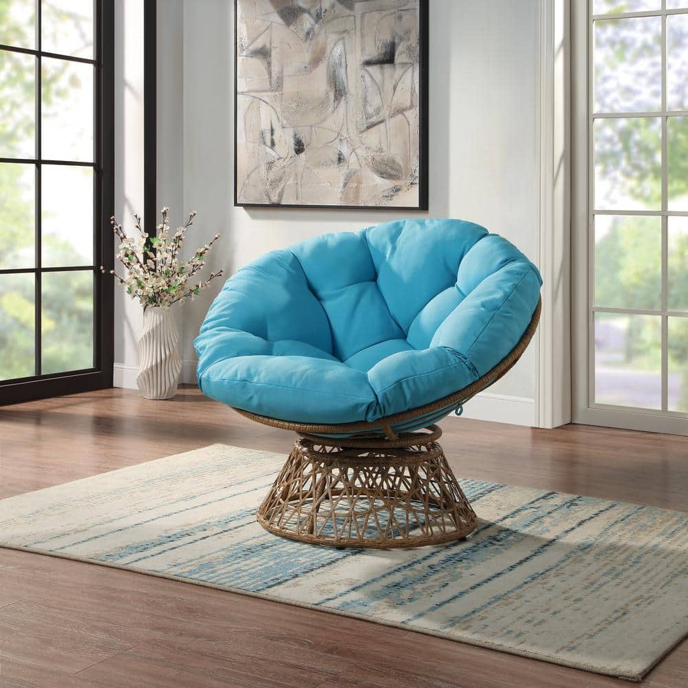 Blue Swivel Papasan Chair with Metal Frame and Wicker Weave