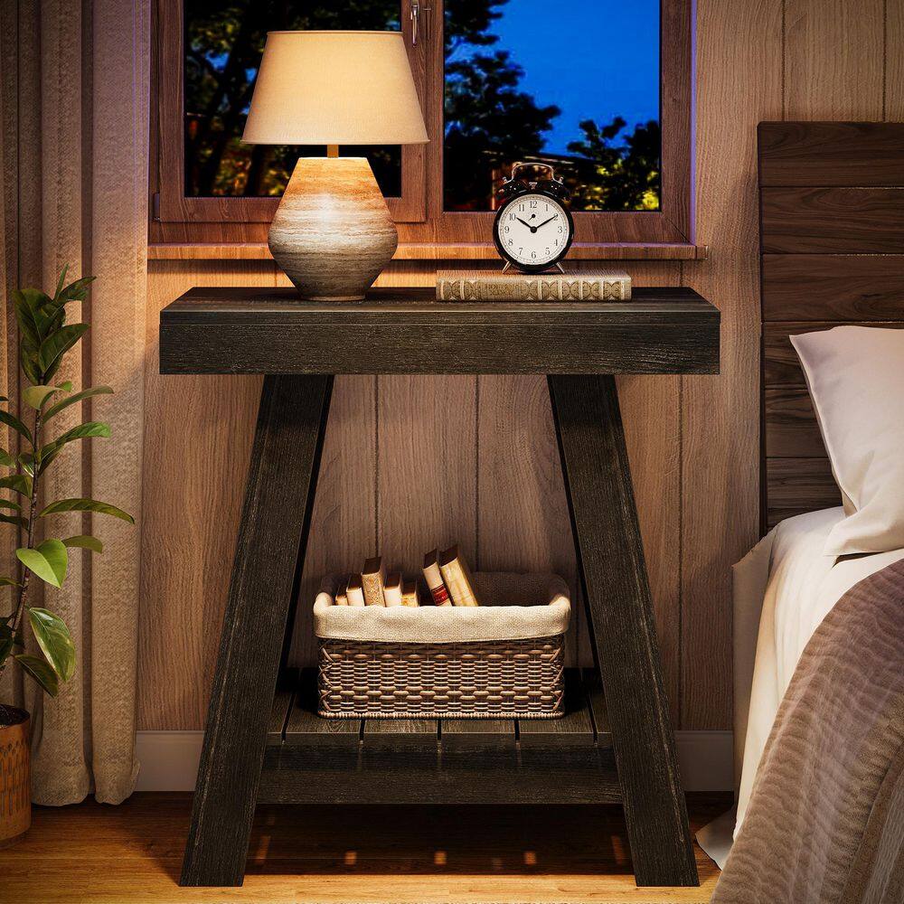 Kerlin 23.6 in. Black Rectangle Wood End Table with 2-Tier Shelf, Small Sofa Side Table with Storage - thumbnail 4