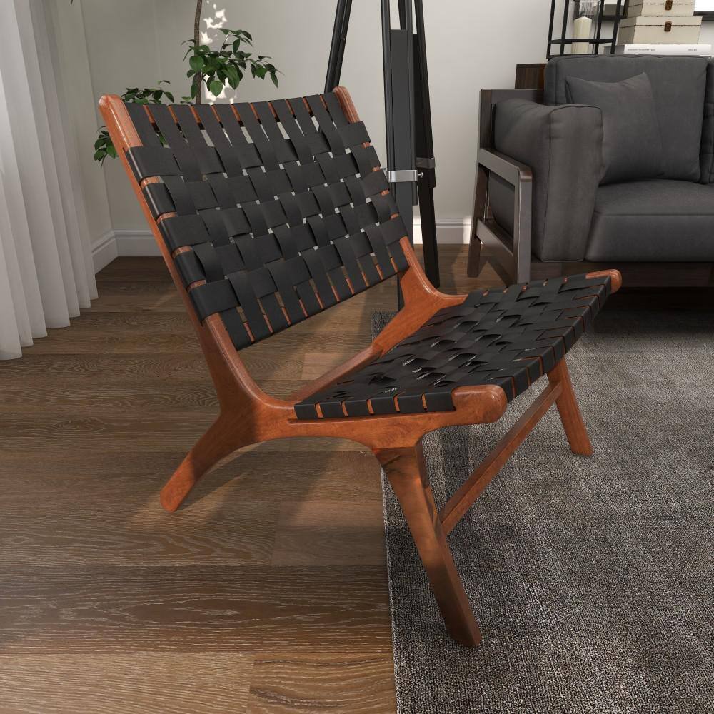 Black woven leather accent chair with a brown wood frame.
