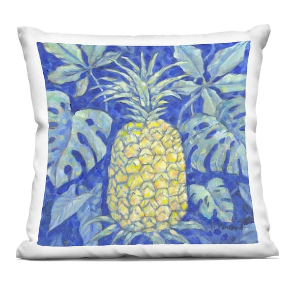 Stupell Industries Tropical Pineapple on Blue Abstract Polyester 18 in. x 18 in. Throw Pillow