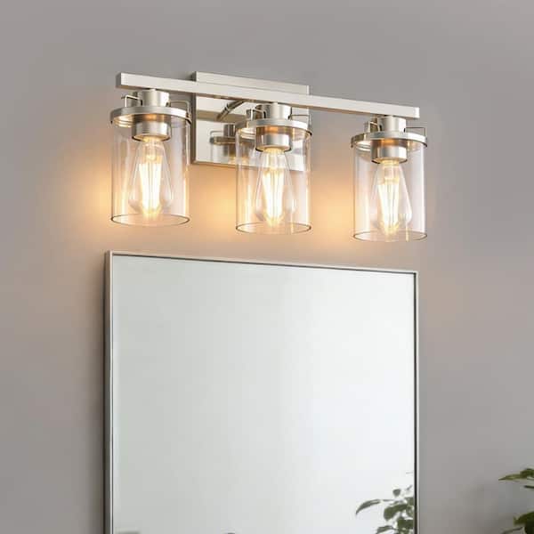 18 in.3-Light Brushed Nickel Bathroom Vanity Light with Clear Glass Shades for Bathroom & Powder Room