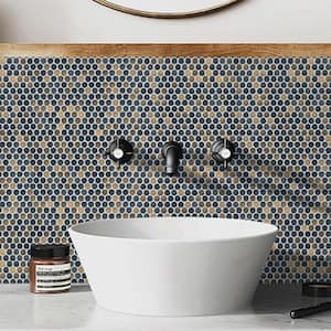 Porcetile Round Multi Blue 12.41 in. x 11.46 in. Penny Glossy Porcelain Mosaic Wall and Floor Tile (9.9 sq. ft./Case)
