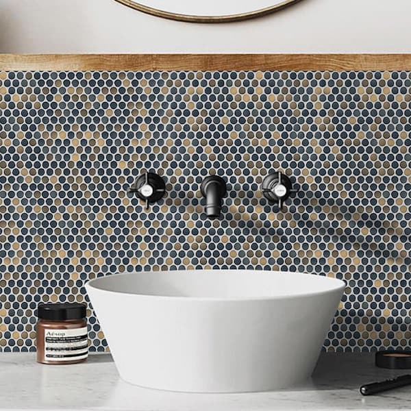 Porcetile Round Multi Blue 12.41 in. x 11.46 in. Penny Glossy Porcelain Mosaic Wall and Floor Tile (9.9 sq. ft./Case)