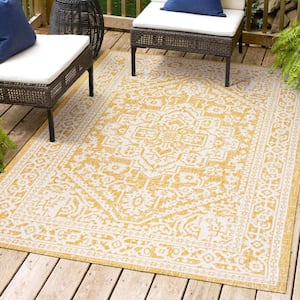 Sinjuri Medallion Textured Weave Yellow/Cream 3 ft. x 5 ft. Indoor/Outdoor Area Rug