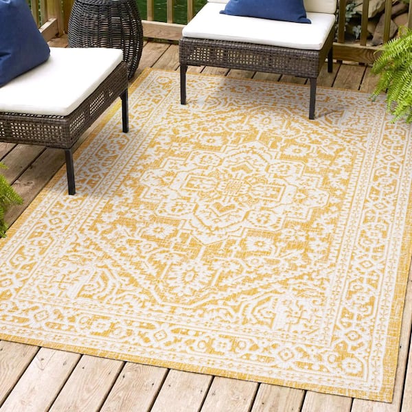 Sinjuri Medallion Textured Weave Yellow/Cream 8 ft. x 10 ft. Indoor/Outdoor Area Rug