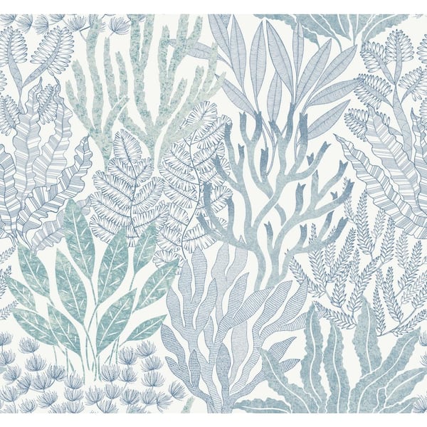 Coral Leaves Blue and Aqua Wallpaper Roll
