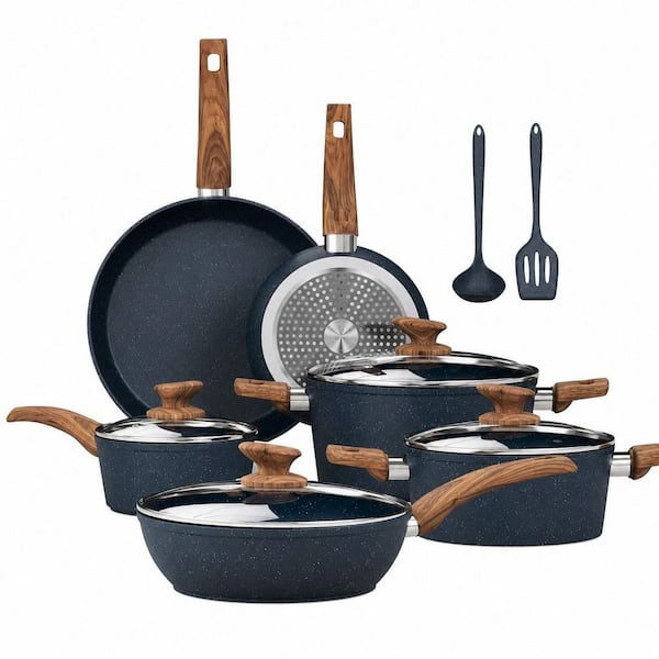 Pots and Pans Set Non Stick - 12 Piece Induction Kitchen Cookware Sets, Blue Granite Nonstick Cooking Pans Set