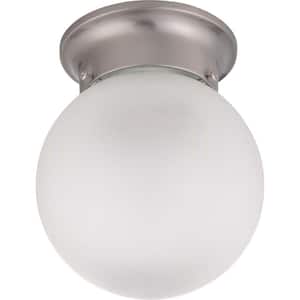 Nuvo 6 in. 1-Light Brushed Nickel Utility Flush Mount with Frosted White Glass Shade and No Bulbs Included