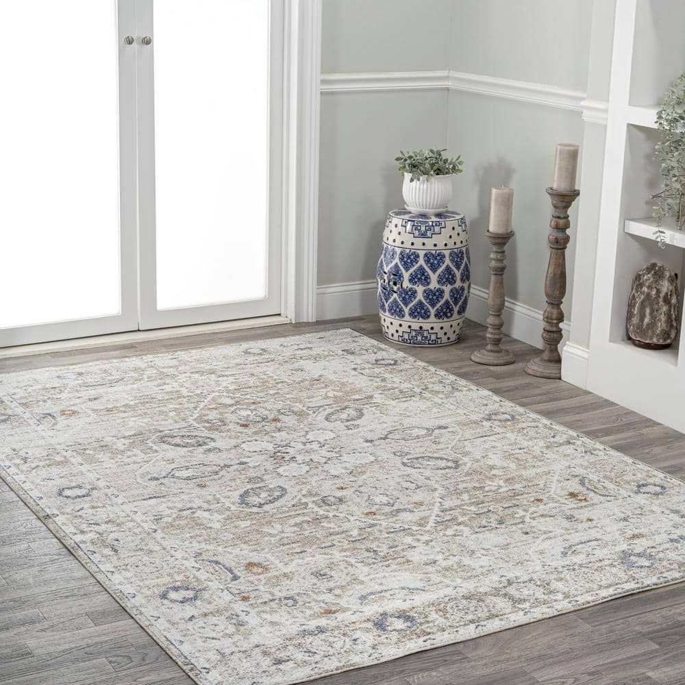 Light Gray and Brown Medallion Washable Synthetic Area Rug 4' x 6'