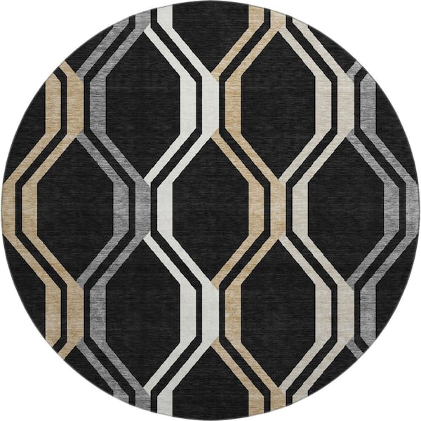 Mayfield Premium Machine Washable Abstract AMF2326 Black 8 ft. x 8 ft. Round Rug