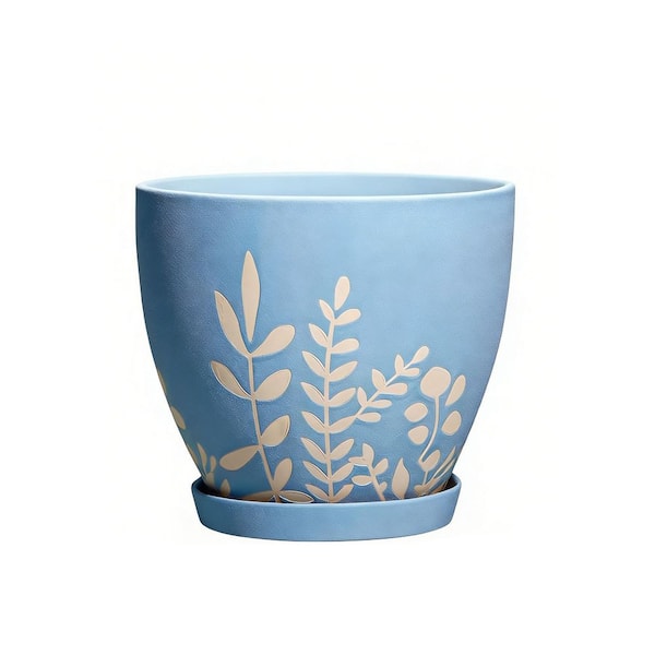 OGETFUUR Blue Ceramic Planter with Drainage and Saucer, Decorative