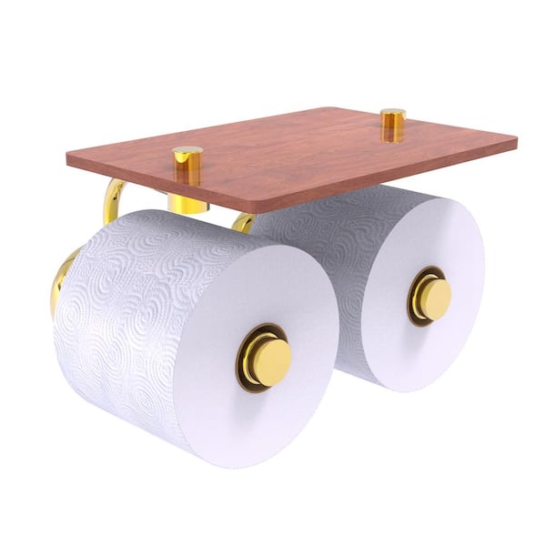 Allied Brass Prestige Skyline Collection Wall Mounted Toilet Paper Holder in Polished Brass with Wood Shelf