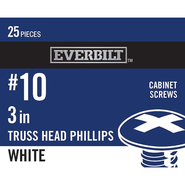 Everbilt #10 x 3 in. Zinc-Plated Phillips Drive Truss-Head Cabinet Screws with White Painted Head (25-Piece)
