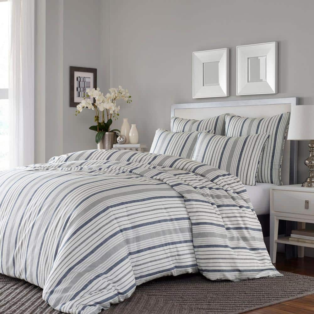 LEVTEX HOME Pickford Blue 3-Piece White, Blue, Taupe Stripe, Geometric  Cotton Full/Queen Comforter Set L19130QCS - The Home Depot