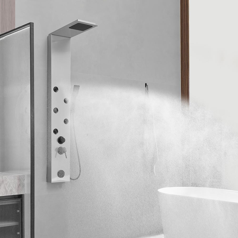 Brushed Nickel 4-Jet Rainfall Shower Panel System with Handheld Wand