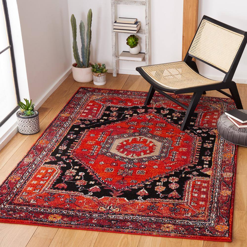 Vintage Black and Red Square Synthetic Area Rug