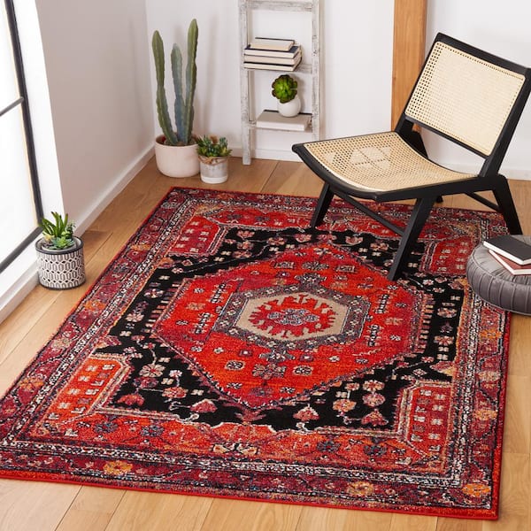 Vintage Hamadan Red/Black 8 ft. x 10 ft. Border Floral Area Rug