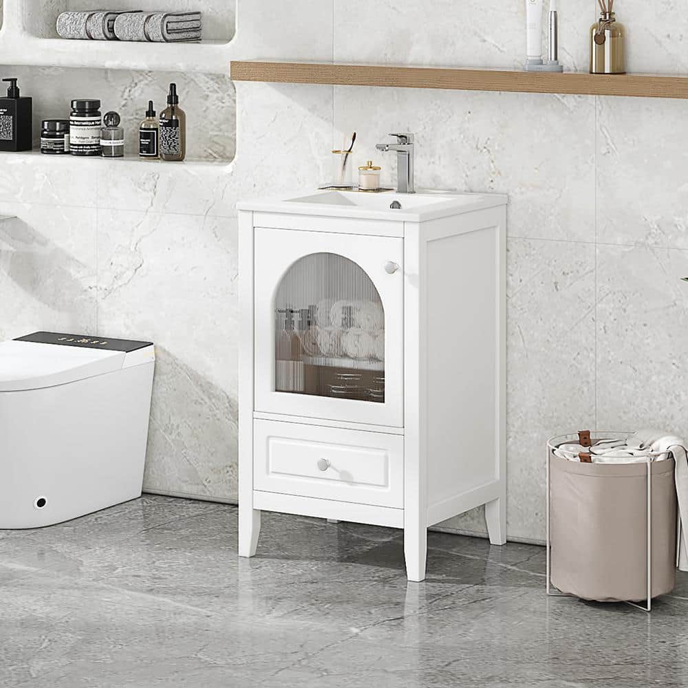 White 20 in. W Bathroom Vanity with Sink, Bathroom Cabinet with Soft Closin