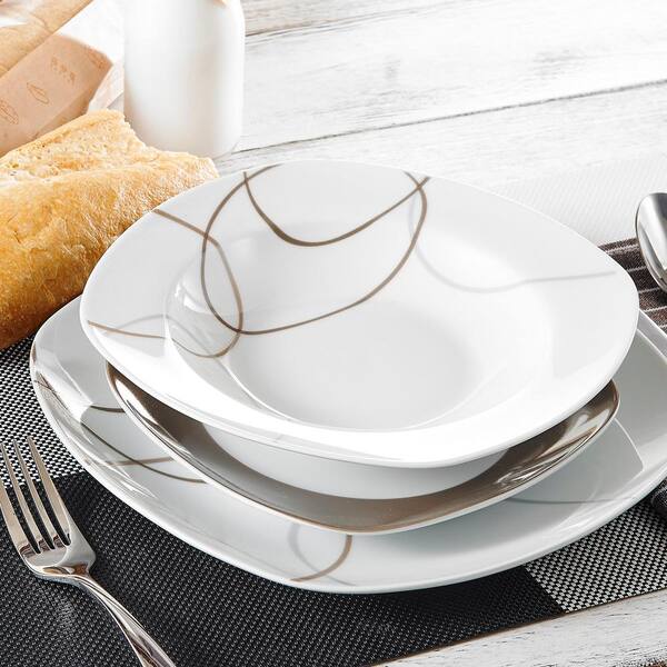 VEWEET 36-Piece Porcelain Tableware Set Brown Lines Patterns Kitchen Dinner Sets with Dinner Plate Service for 12 NIKITA Series Soup Plate Dessert Plate 
