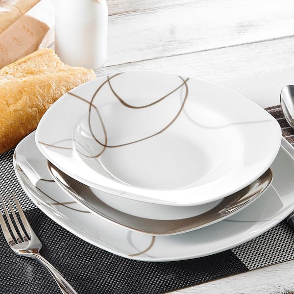 Nikita 18-Piece Casual Ivory White With Brown Lines Porcelain Dinnerware Set (Service for 6)