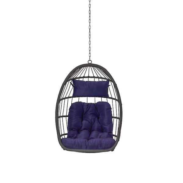Unbranded Wicker Outdoor Garden Rattan Egg Swing Chair Hanging Porch Swing Chair with Dark Blue Cushion