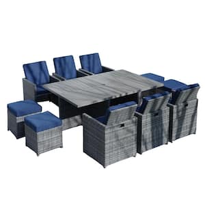 Piping Grey 11-Piece Wicker Rectangular Outdoor Dining Set with Dark Blue Cushion, Aluminum Table Top