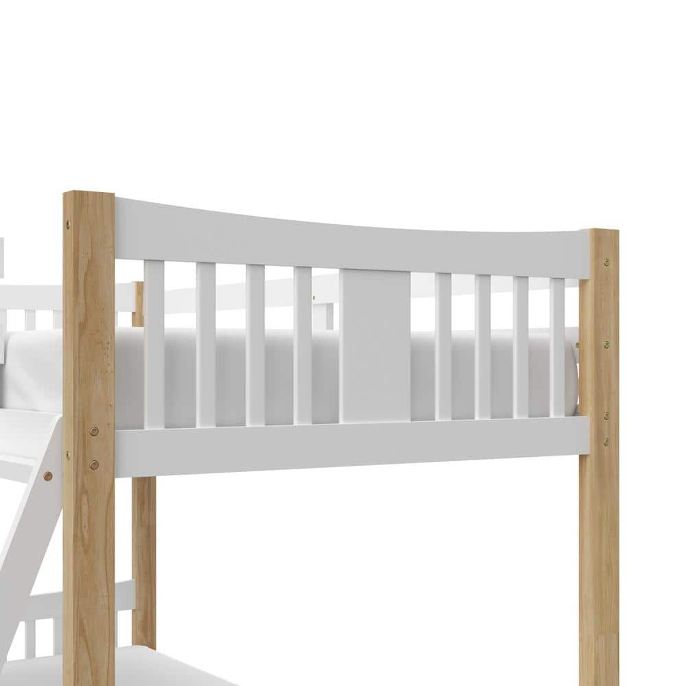 White and Natural Twin Bunk Bed with Wood Frame and Drawer