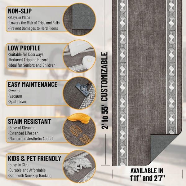 Ascend Non-Slip Rubberback 2ft.x 29 ft. Indoor Custom Cut Extra Long Runner Rug 1 ft. 11 in. x 29ft.,Brown Greek Border