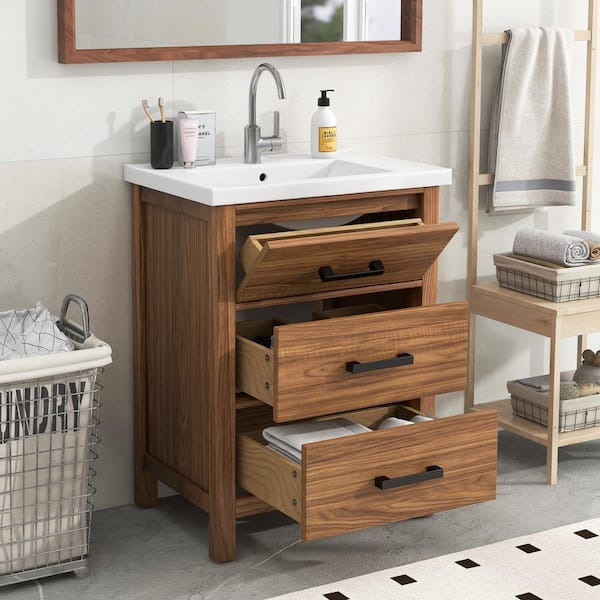 24 in. W x 18 in. D x 34 in. H Freestanding Bath Vanity in Natural Wood with White Ceramic Top