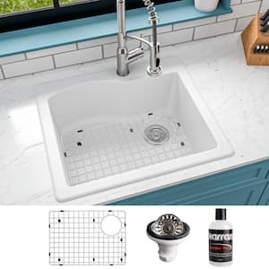 QT-671 Quartz/Granite 25 in. Single Bowl Top Mount Drop-In Kitchen Sink in White with Bottom Grid and Strainer