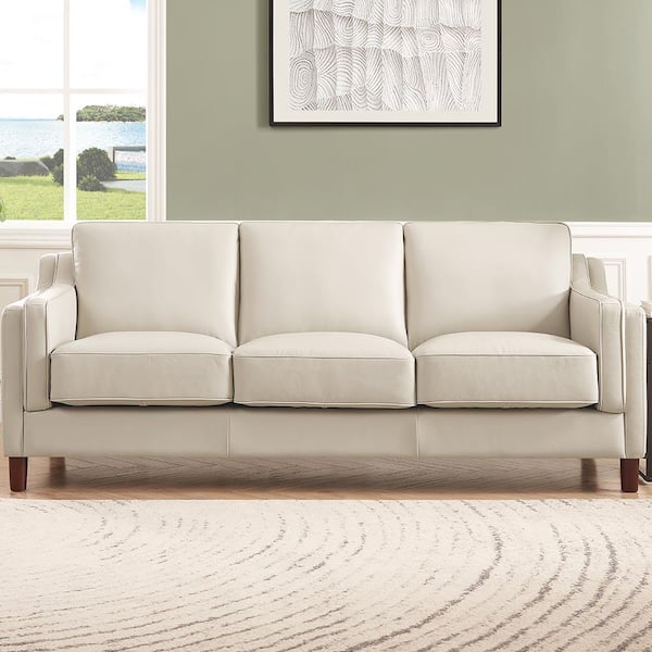 Bella 84 in. Slope Arm Top Grain Leather Rectangle 3-Seater Sofa in. Vanilla White