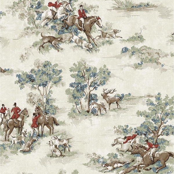 30.75 sq. ft. Bluestone and Garnet Horse Race Vinyl Peel and Stick Wallpaper Roll