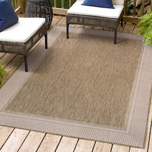 Hali Coastal Casual Wide Stripe Border Beige/Cream 4 ft. x 6 ft. Indoor/Outdoor Area Rug