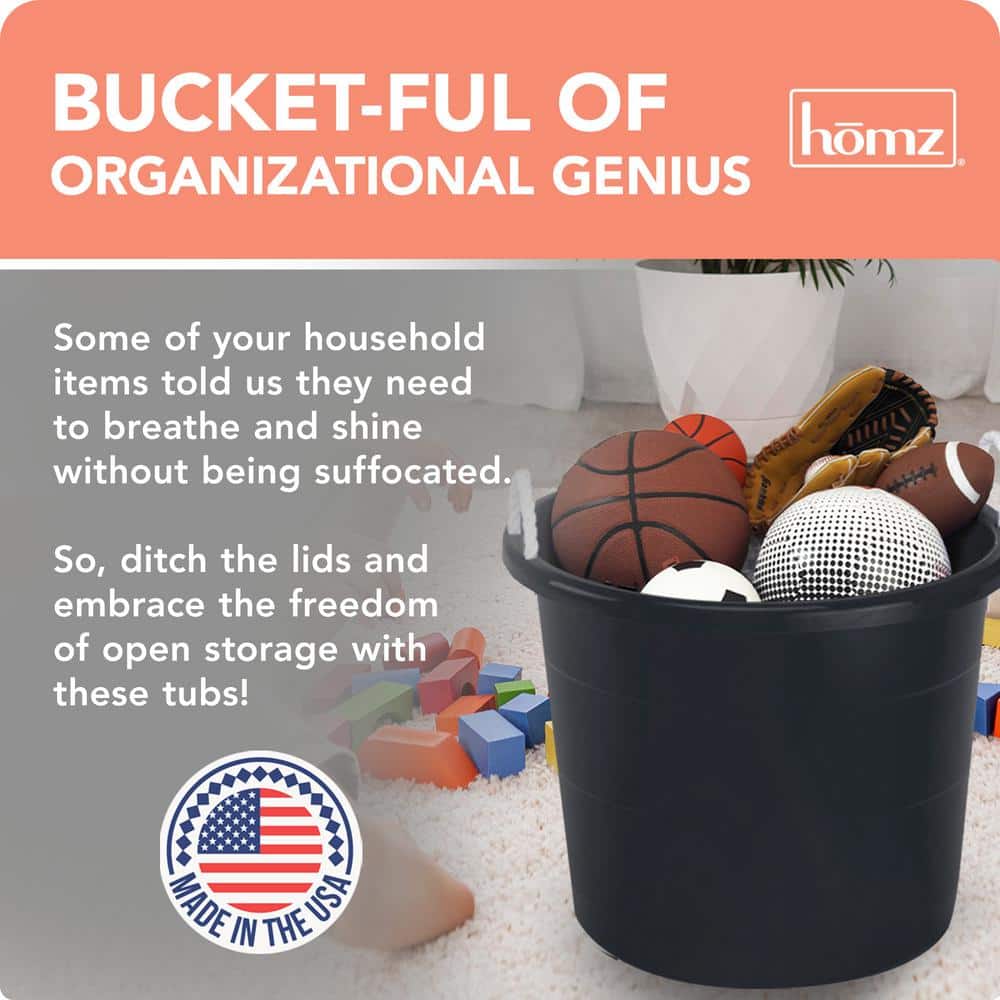 Set of 4 Black Large Plastic Utility Storage Buckets with Rope Handles