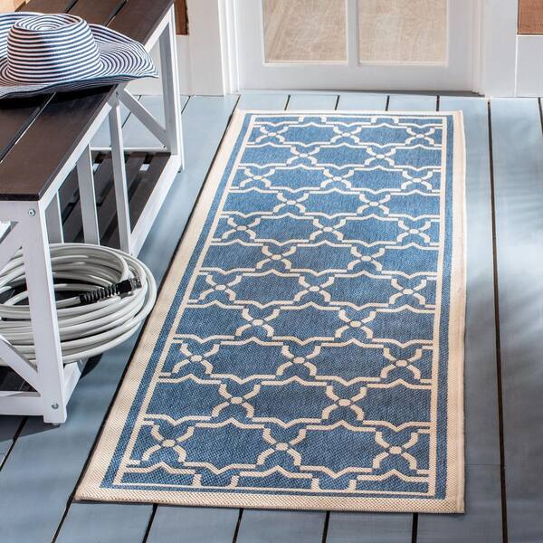 Courtyard Blue/Beige 2 ft. x 12 ft. Geometric Indoor/Outdoor Patio  Runner Rug