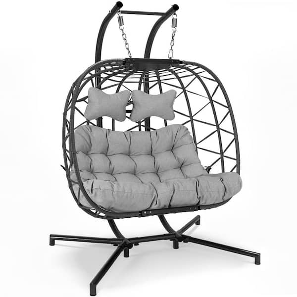 Oversized 2-Person Charcoal Gray Wicker Double Patio Swing Egg Chair With Light Gray Cushion